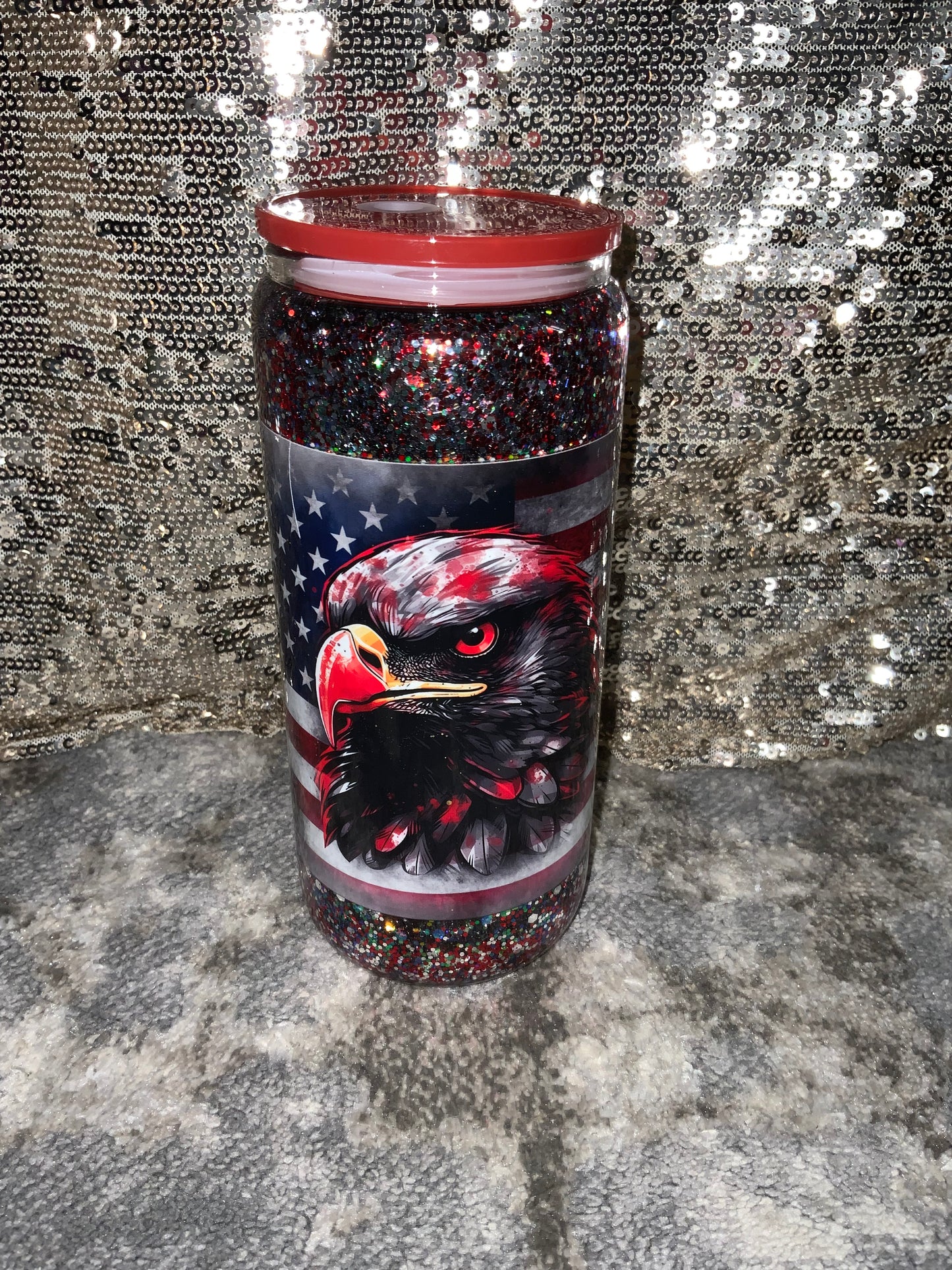 Flag and Eagle,  green, silver, black, red, iridescent Glitter Snowglobe Tumbler