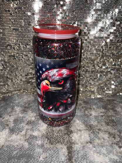 Flag and Eagle,  green, silver, black, red, iridescent Glitter Snowglobe Tumbler