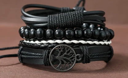 4 pcs/Set Braided Wrap Leather- Vintage,Life Tree, Rudder Charm, Wood Beads Wrist Black Brown- Men’s or Women’s