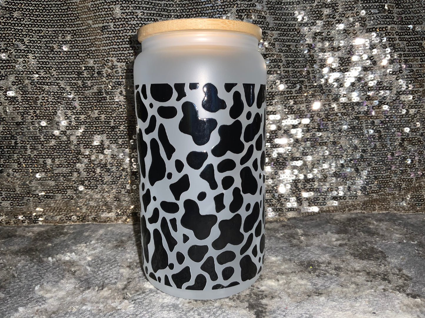 Black Cow Print-Frosted 16oz Glass Tumbler