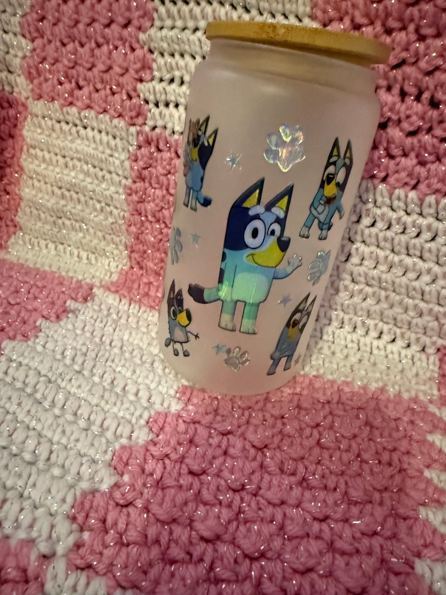 Bluey 16 oz Frosted Glass Cup with Holographic Design