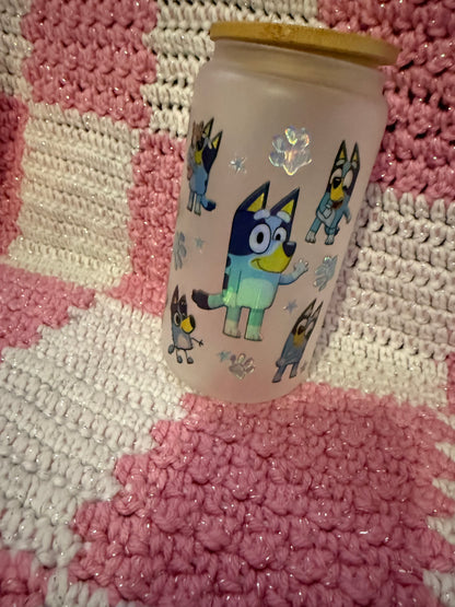 Bluey 16 oz Frosted Glass Cup with Holographic Design