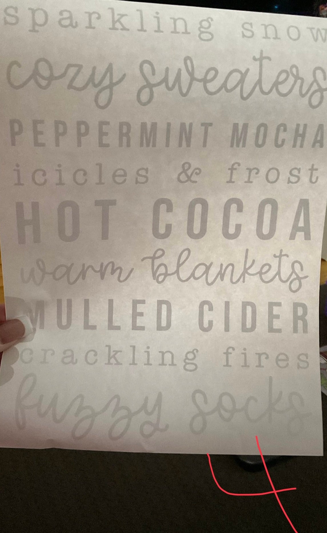 sparkling snow, cozy sweaters, PEPPERMINT MOCHA, icicles & frost, HOT COCOA, warm blankets, MULLED CIDER, crackling fires, fuzzy socks Christmas DTF print
