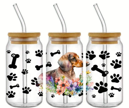 Dachshund-Floral-Paw Print-Bones-Frosted 16oz Glass Tumbler