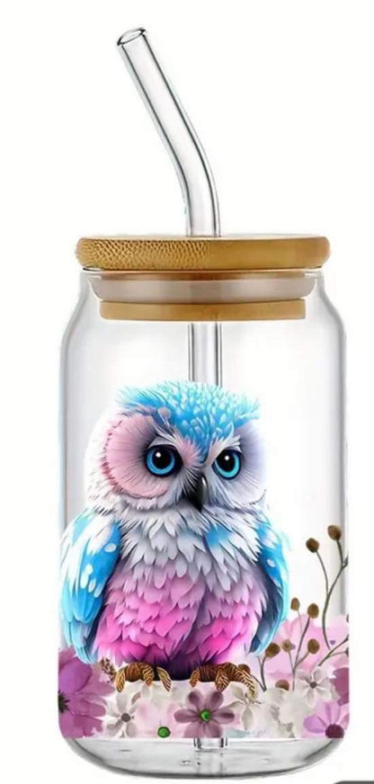 Colorful Owl Print -Rainbow Shimmer Colorful Haze Glass Tumbler (Blue)