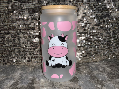 Cow with Pink Cow Print-Frosted 16oz Glass Tumbler