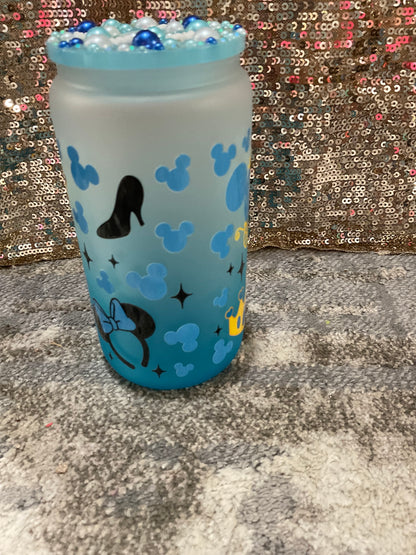Minnie Mouse Princess Themed Blue Frosted 16oz Glass Tumbler with decorative lid topper