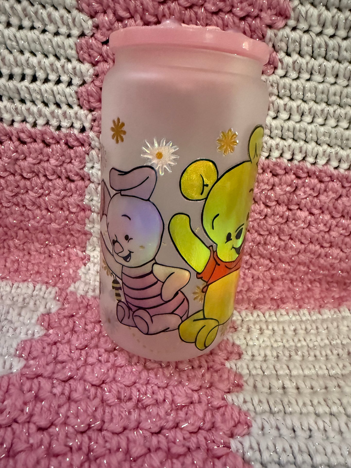 Winnie the Pooh Characters 16 oz Frosted Glass Cup with Holographic Design and decorative lid topper