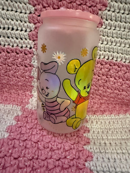 Winnie the Pooh Characters 16 oz Frosted Glass Cup with Holographic Design and decorative lid topper