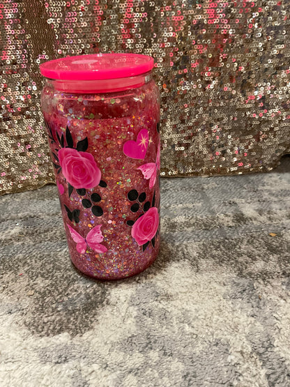 Baby Highland Cow roses, butterfly, hearts, black Pink Chunky Glitter Snowglobe Tumbler