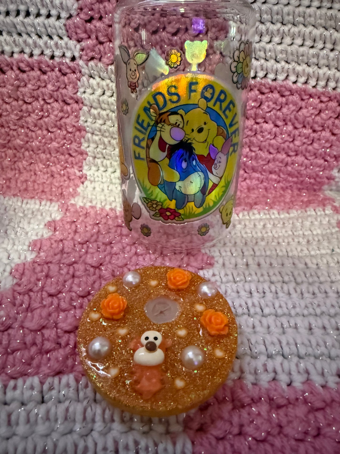 Winnie the Pooh Friends Forever 16 oz Glass Cup with Holographic Design with decorative lid topper