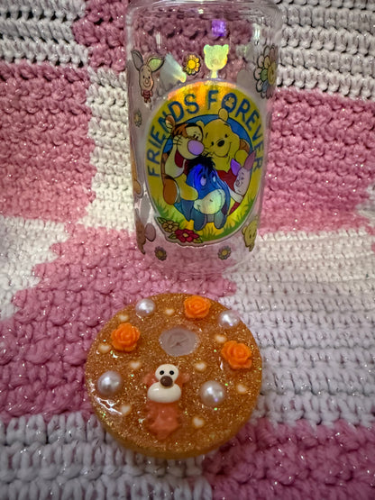 Winnie the Pooh Friends Forever 16 oz Glass Cup with Holographic Design with decorative lid topper