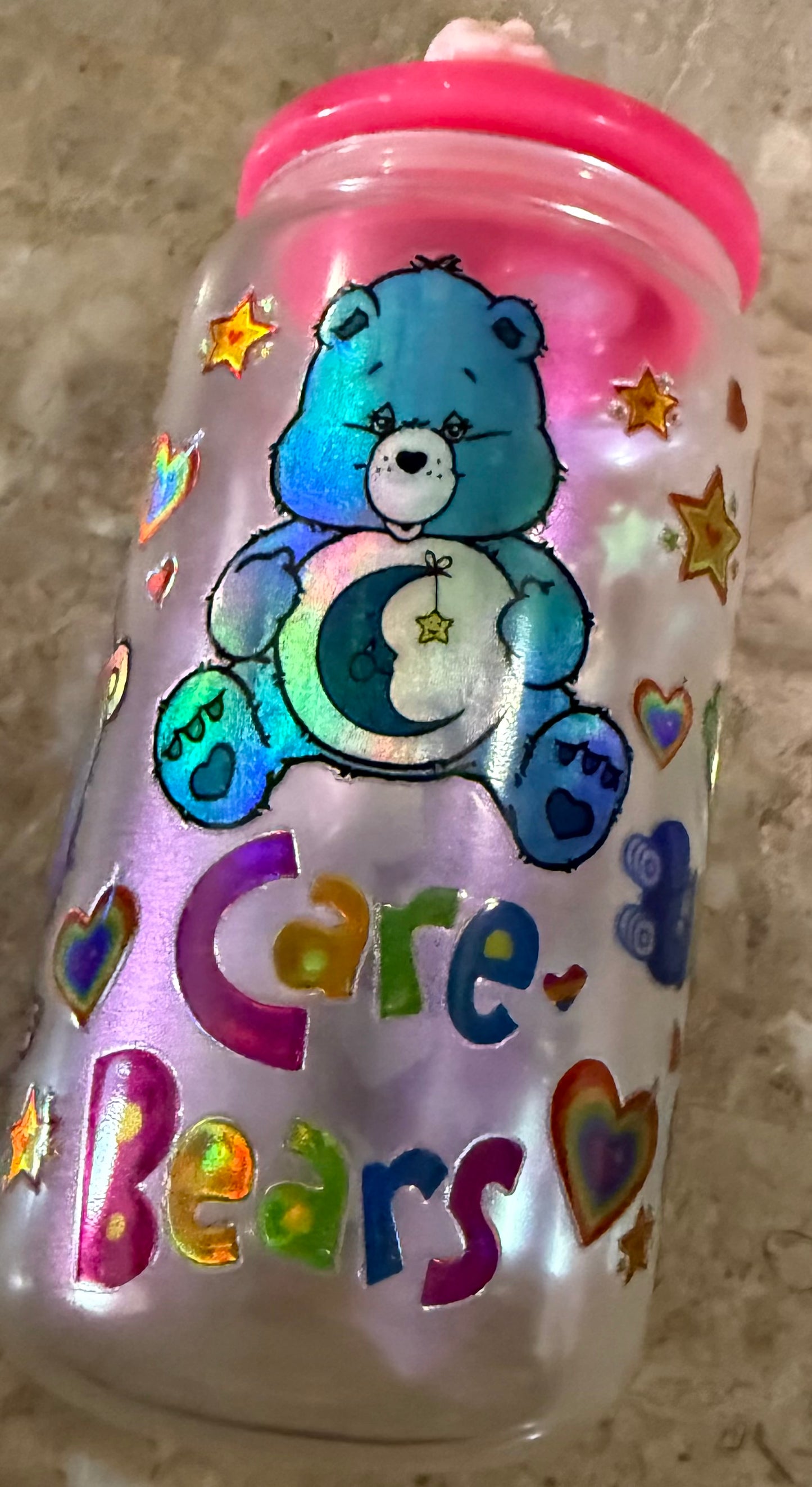 Care Bear Inspired 16 oz Pink Glass Cup with Holographic Design with decorative lid topper