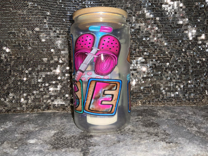 ER NURSE Print -Rainbow Shimmer Colorful Haze Glass Tumbler (Blue)