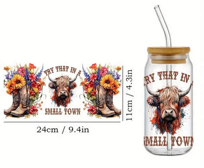 Try that in a Small Town-Highland Cow Western Floral Boots-Frosted 16oz Glass Tumbler