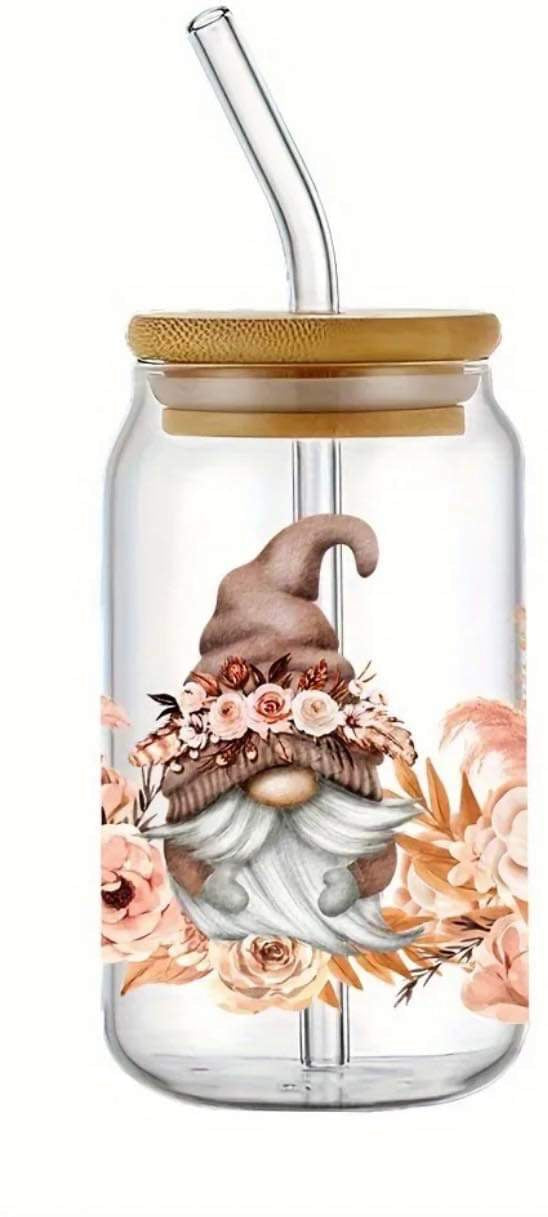 Cute Floral Gnome-Clear 16oz Glass Tumbler