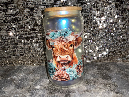 Highland Cow Teal and Brown Floral -Rainbow Shimmer Colorful Haze Glass Tumbler (Blue)