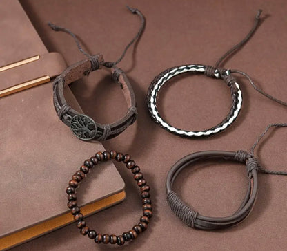 4 pcs/Set Braided Wrap Leather- Vintage,Life Tree, Rudder Charm, Wood Beads Wrist Black Brown- Men’s or Women’s