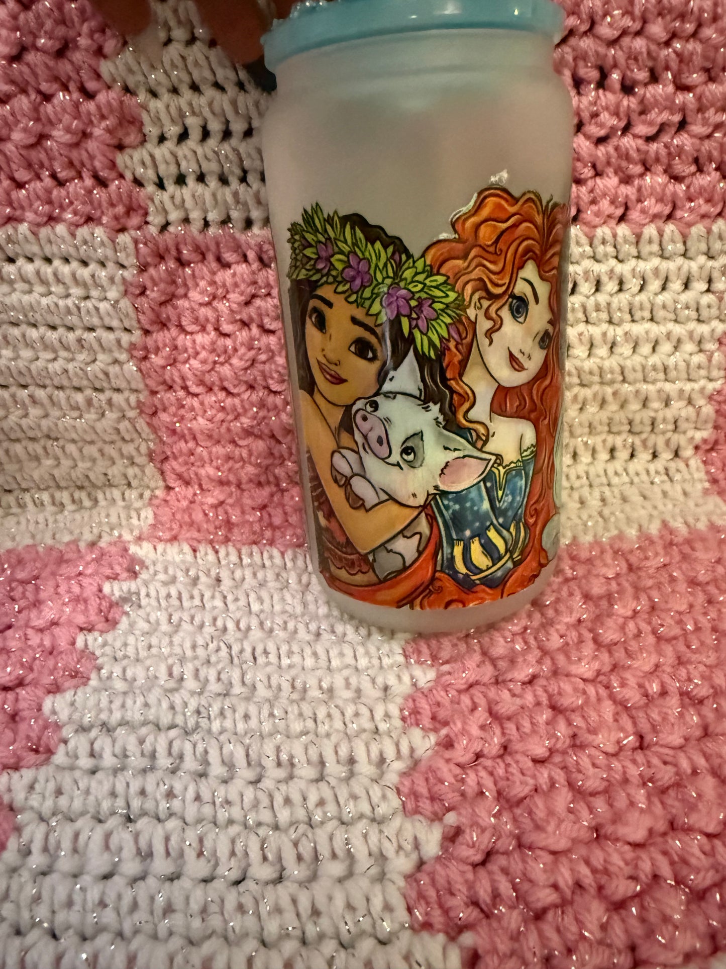 Disney Princess 16 oz Frosted Glass Cup with Holographic Design with decorative lid topper