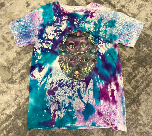 WE ARE ALL MAD HERE-Alice and Wonderland Cat-Cheetah Print-Pink, Teal, Purple Tie Dye Youth Large Gildan T-shirt