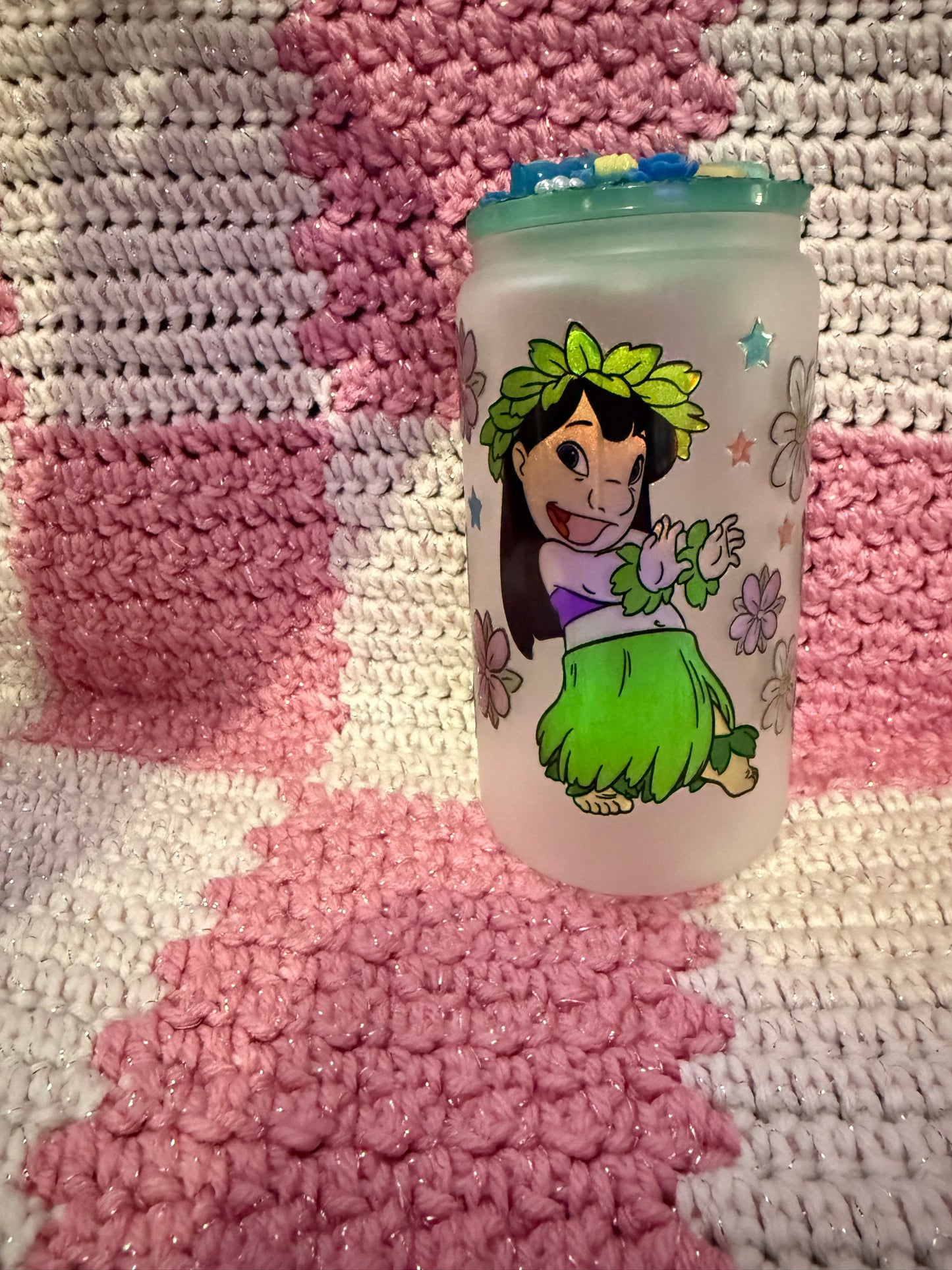 Lilo and stitch 16 oz Frosted Glass Cup with Holographic Design and decorative lid topper ￼