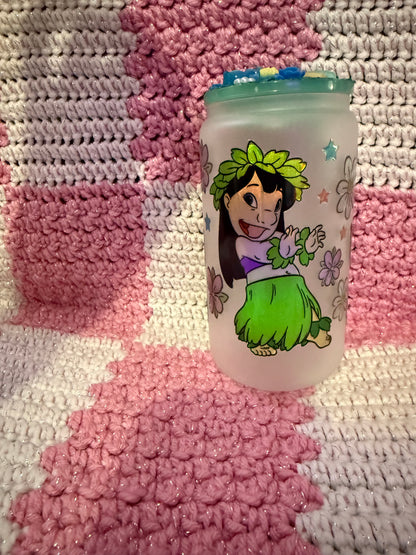 Lilo and stitch 16 oz Frosted Glass Cup with Holographic Design and decorative lid topper ￼