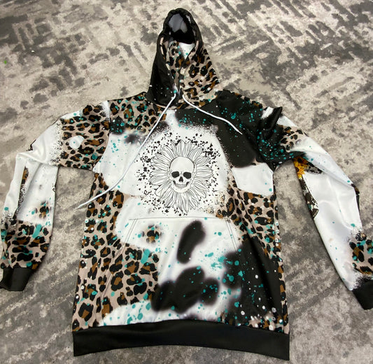 Skull Sunflower Splatter - Cheetah- Cow Print-Teal Sunflower Cross Bleach Printed Hoodie