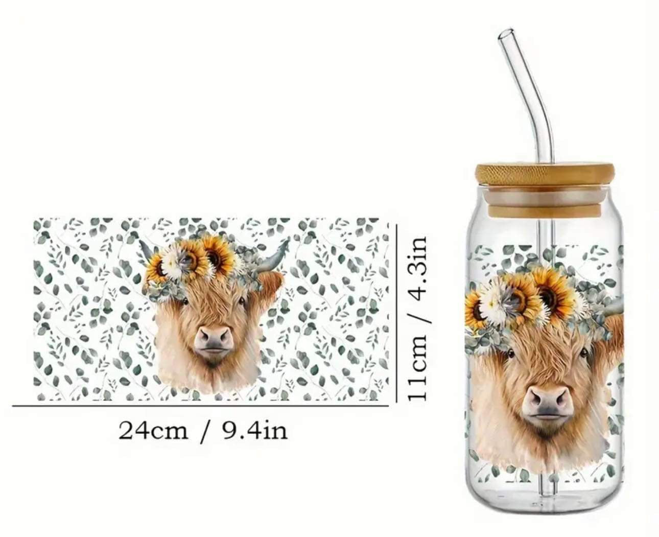 Highland Cow Green Floral with Sunflowers-Rainbow Shimmer Colorful Haze Glass Tumbler (Green)