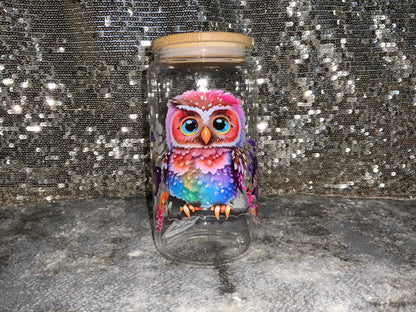 Vibrant Owl on Branch with Butterflies -Clear 16oz Glass Tumbler