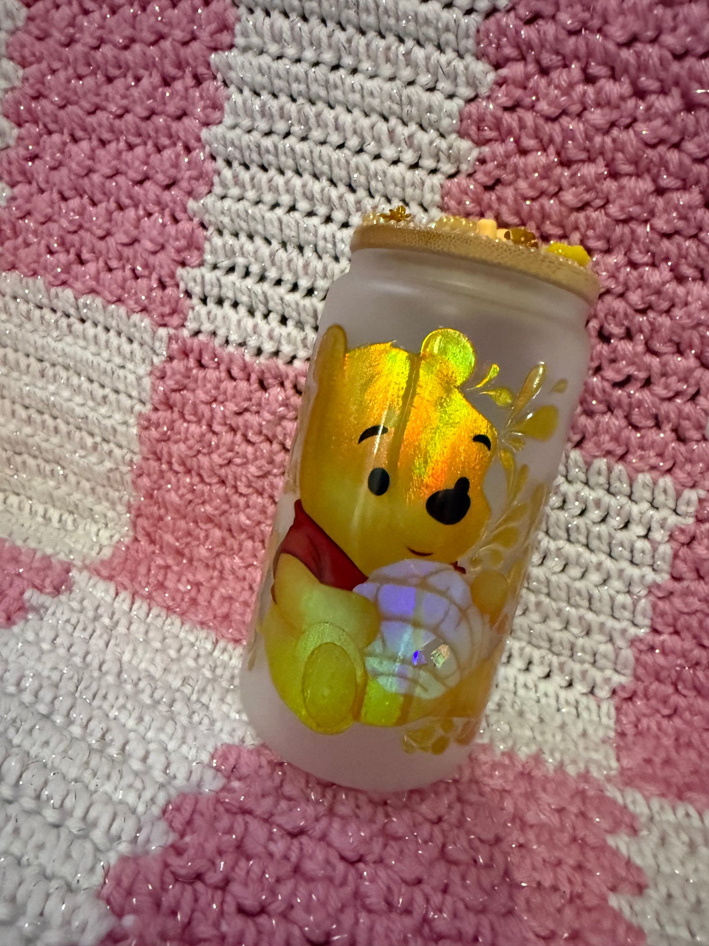 Winnie the Pooh 16 oz Frosted Glass￼ Cup with Holographic Design and decorative lid topper