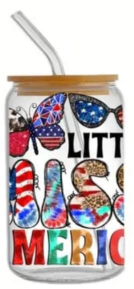 LITTLE MISS AMERICA Print -Rainbow Shimmer Colorful Haze Glass Tumbler (Blue)