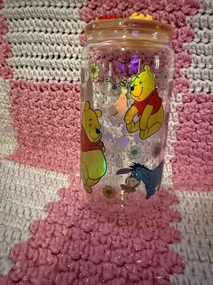 Winnie the Pooh Character Themed 16 oz Glass Cup with Holographic Design with decorative lid topper