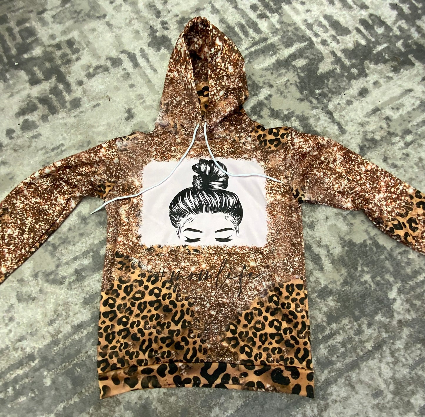 Messy Bun #MOMLIFE- Cheetah-Sparkle-Brown Bleach Printed Hoodie