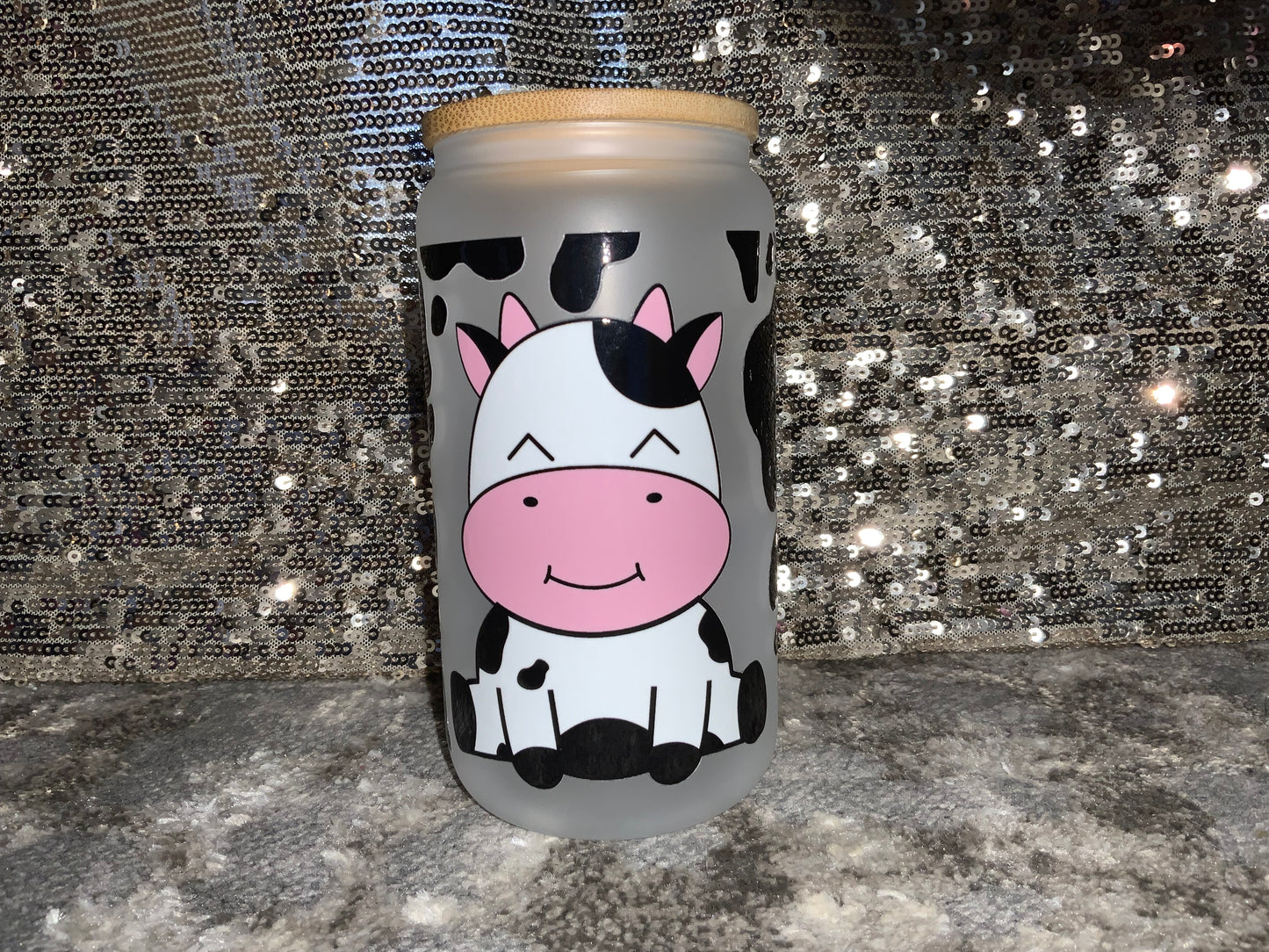 Cute Cow with Cow Print-Frosted 16oz Glass Tumbler