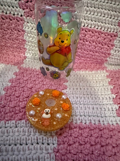 Winnie the Pooh Friends Forever 16 oz Glass Cup with Holographic Design with decorative lid topper
