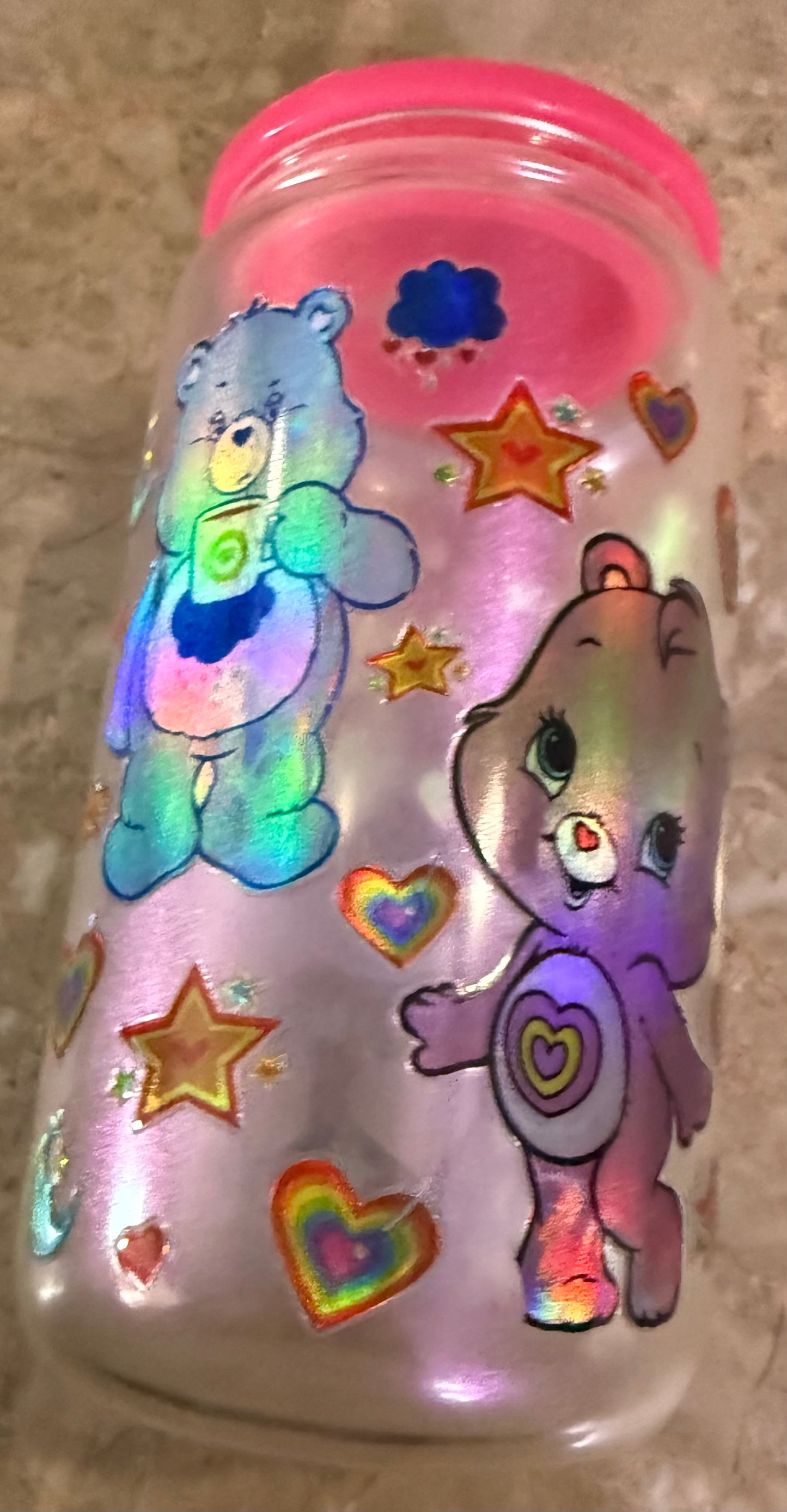 Care Bear Inspired 16 oz Pink Glass Cup with Holographic Design with decorative lid topper