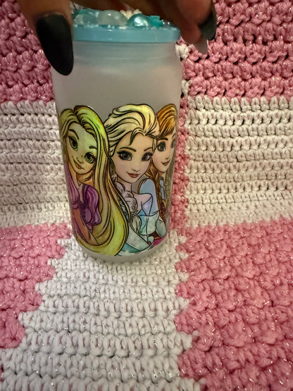 Disney Princess 16 oz Frosted Glass Cup with Holographic Design with decorative lid topper