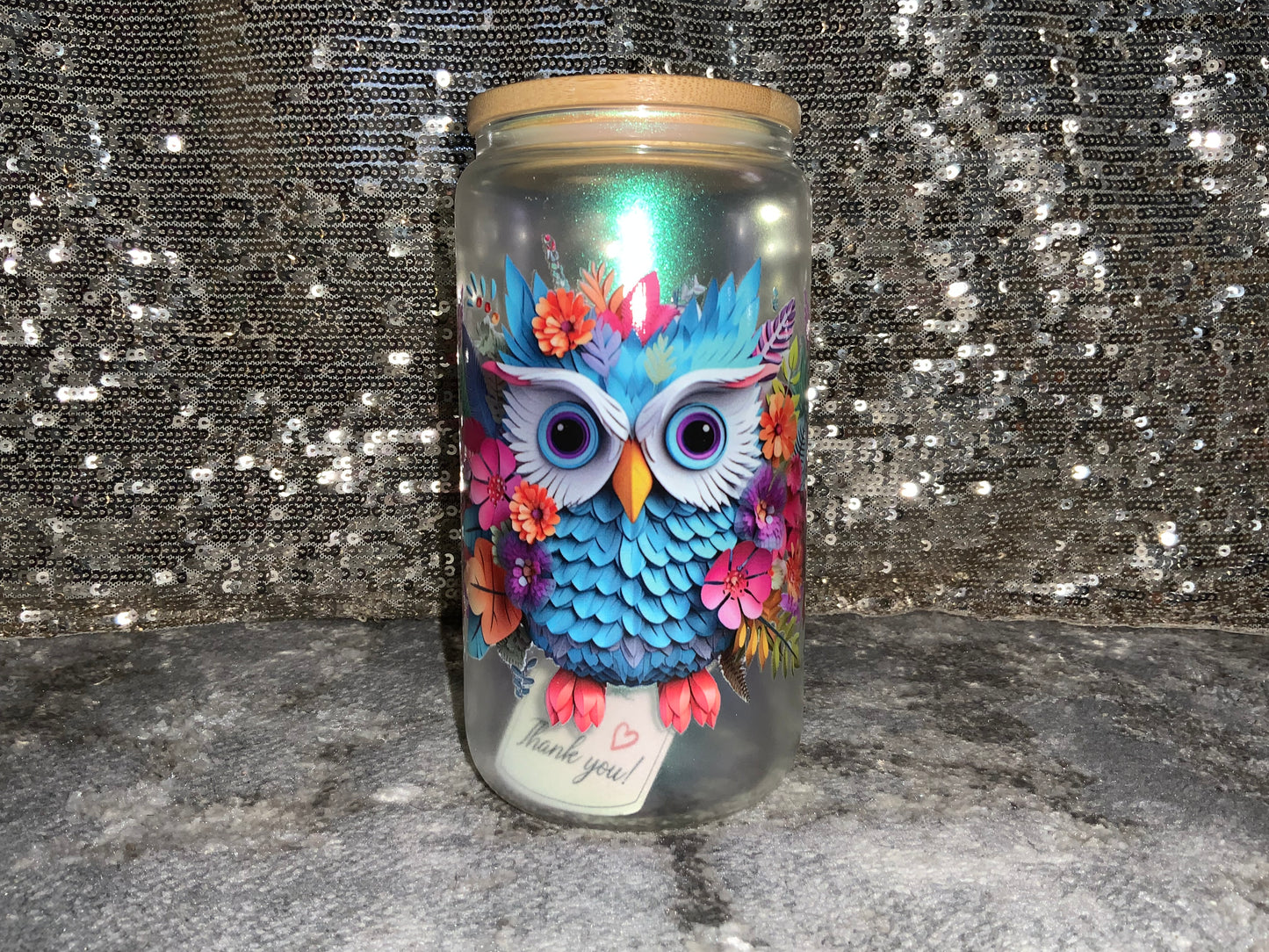 COLORFULL FLOWER OWL Print -Rainbow Shimmer Colorful Haze Glass Tumbler (Green)