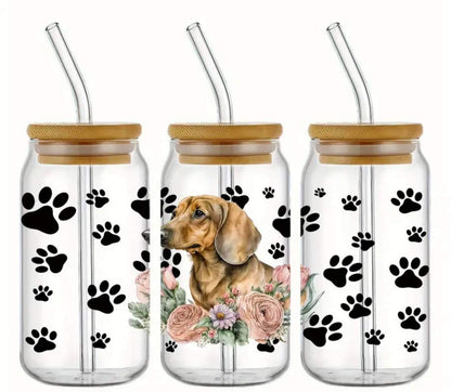 Dachshund Paw Print and Floral -Frosted 16oz Glass Tumbler