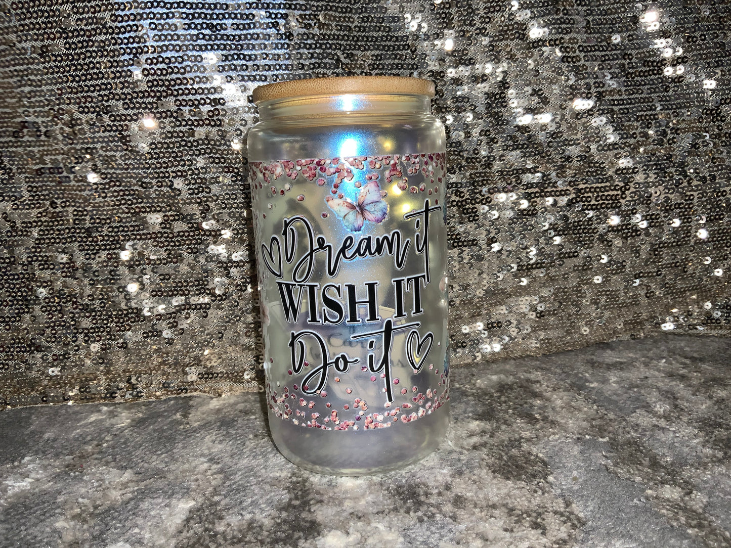 Dream It Wish It Do It-Rainbow Shimmer Colorful Haze Glass Tumbler (Blue)