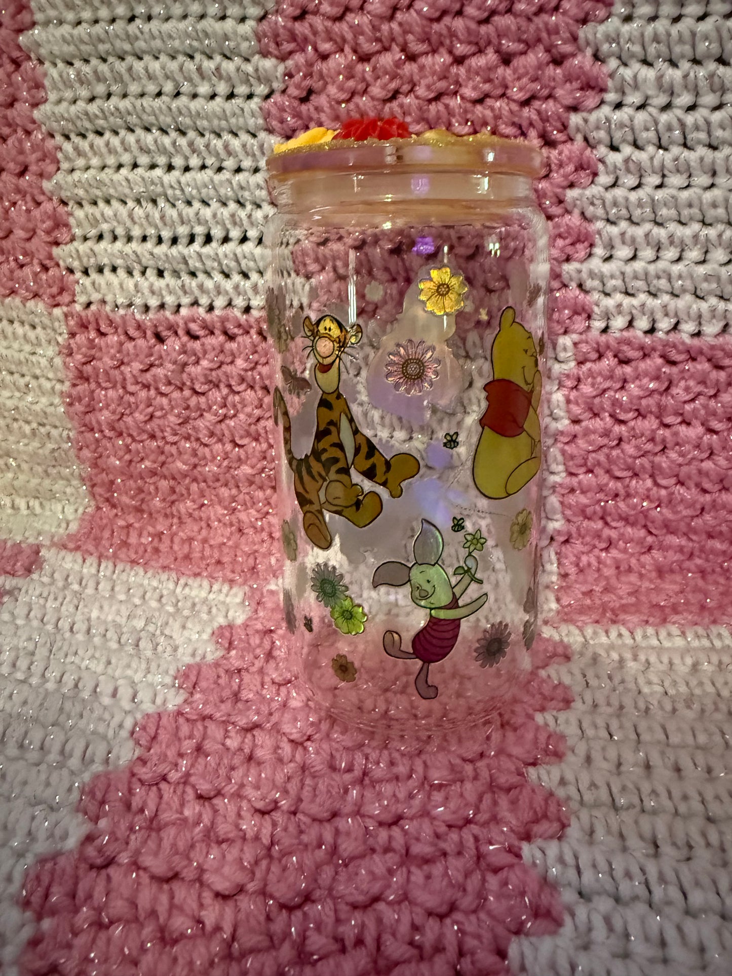 Winnie the Pooh Character Themed 16 oz Glass Cup with Holographic Design with decorative lid topper