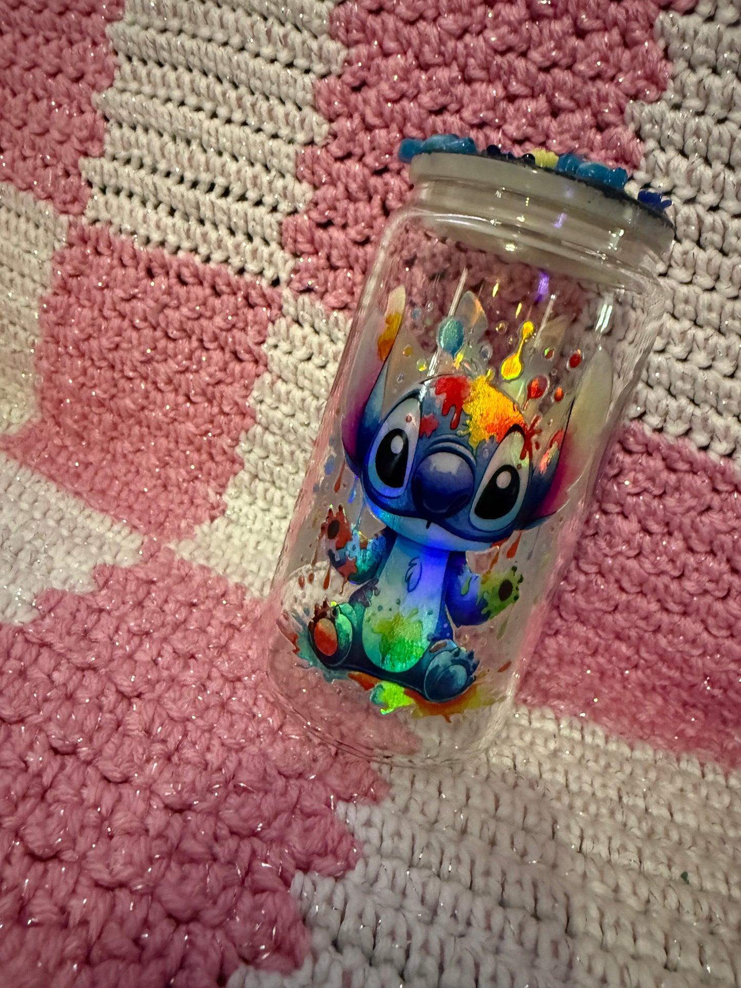 Stitch splatter paint 16 oz Glass Cup with Holographic Design with decorative lid topper