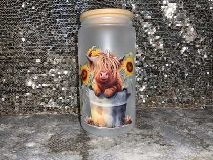 Life Is better with Cows Highland Cow Sunflower-Frosted 16oz Glass Tumbler