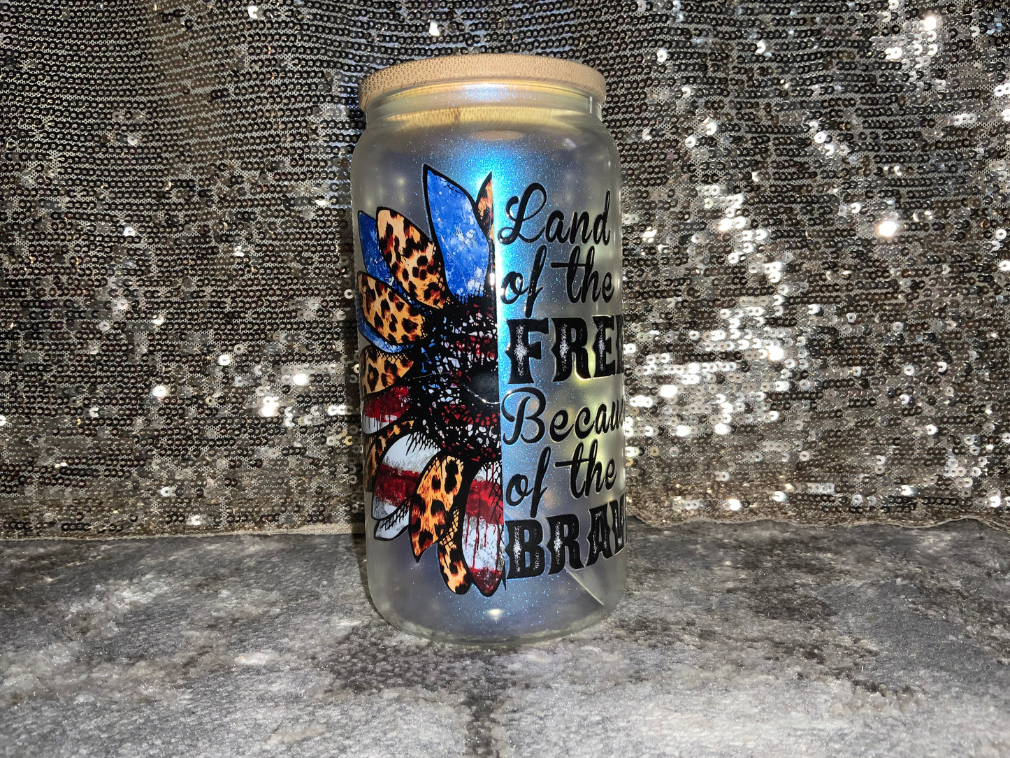 Land of The free Because Of the Brave Print -Rainbow Shimmer Colorful Haze Glass Tumbler (Blue)