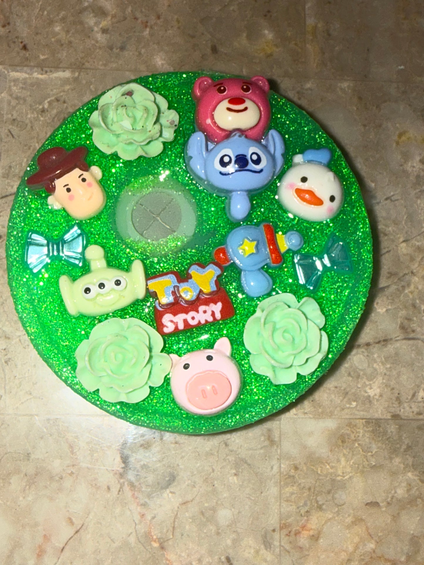 Toy Story Inspired 16 oz green shimmer Glass Cup with Holographic Design with decorative lid topper