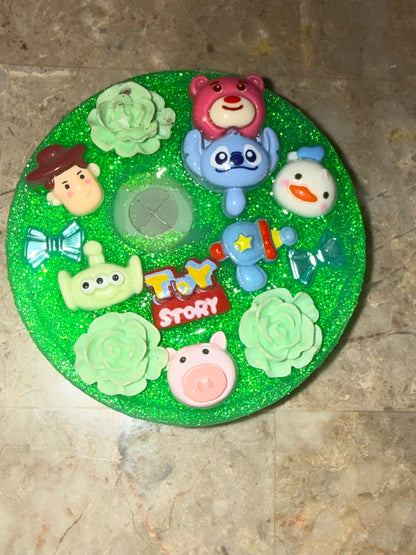 Toy Story Inspired 16 oz green shimmer Glass Cup with Holographic Design with decorative lid topper