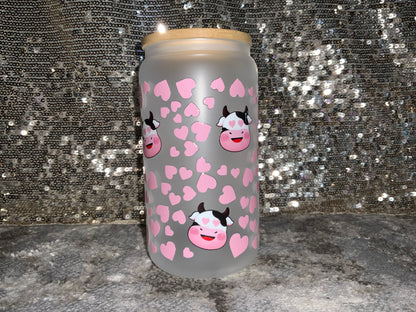 Cow Heads with Pink Heart Cow Print-Frosted 16oz Glass Tumbler