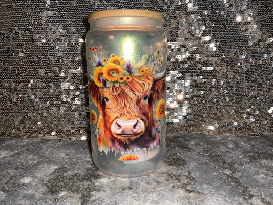 SUNFLOWER COW HEAD Print -Rainbow Shimmer Colorful Haze Glass Tumbler (Green)