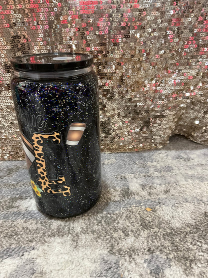All you need is love, coffee, black, silver, and blue Glitter Snowglobe Tumbler