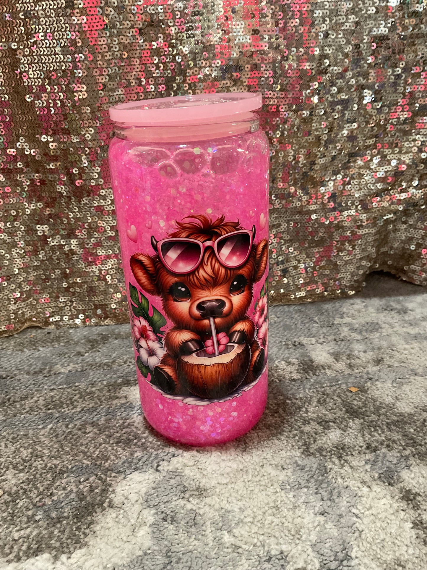 Baby Highland Cow Pink Chunky Glitter Snowglobe Tumbler